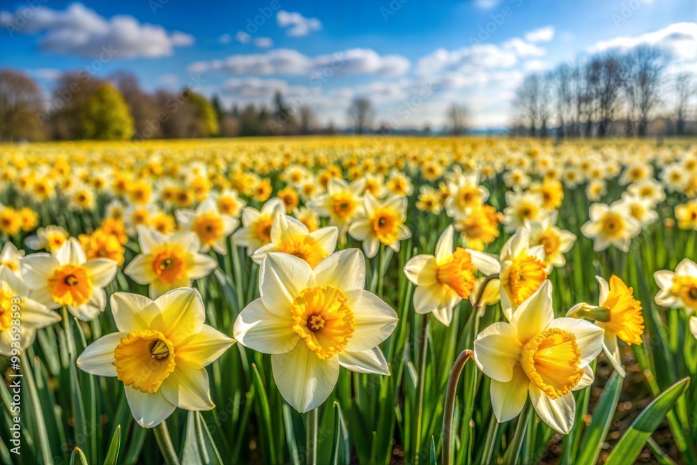 Vibrant field of daffodils in full bloom under blue sky
