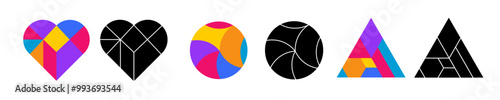 Tangram game heart, circle and triangle figures in colorful and black style. Abstract mosaic in minimalistic stytle. photo