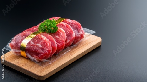 A beautifully arranged pack of fresh meat slices on a wooden board, garnished with parsley. Ideal for culinary presentations and grocery displays.