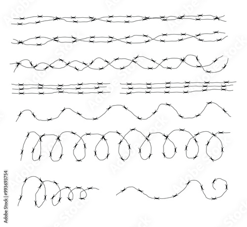 Barbed Wire Borders and Lines. Graphic design elements and protected fence areas concept vector