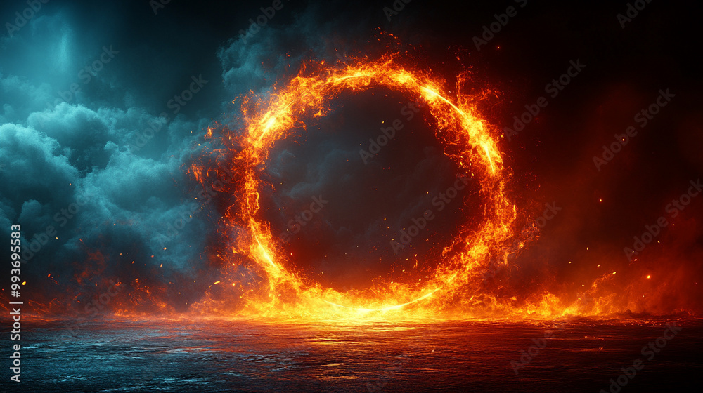 striking red abstract circle with glowing plasma and electric lightning particle effects. The vibrant energy radiates symbolism of power, transformation, and the raw force of nature's creation