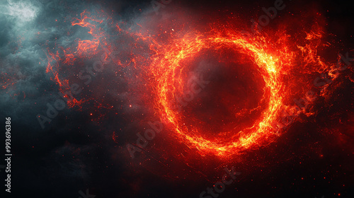 striking red abstract circle with glowing plasma and electric lightning particle effects. The vibrant energy radiates symbolism of power, transformation, and the raw force of nature's creation