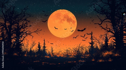 Spooky Night with Full Moon and Bats in Forest