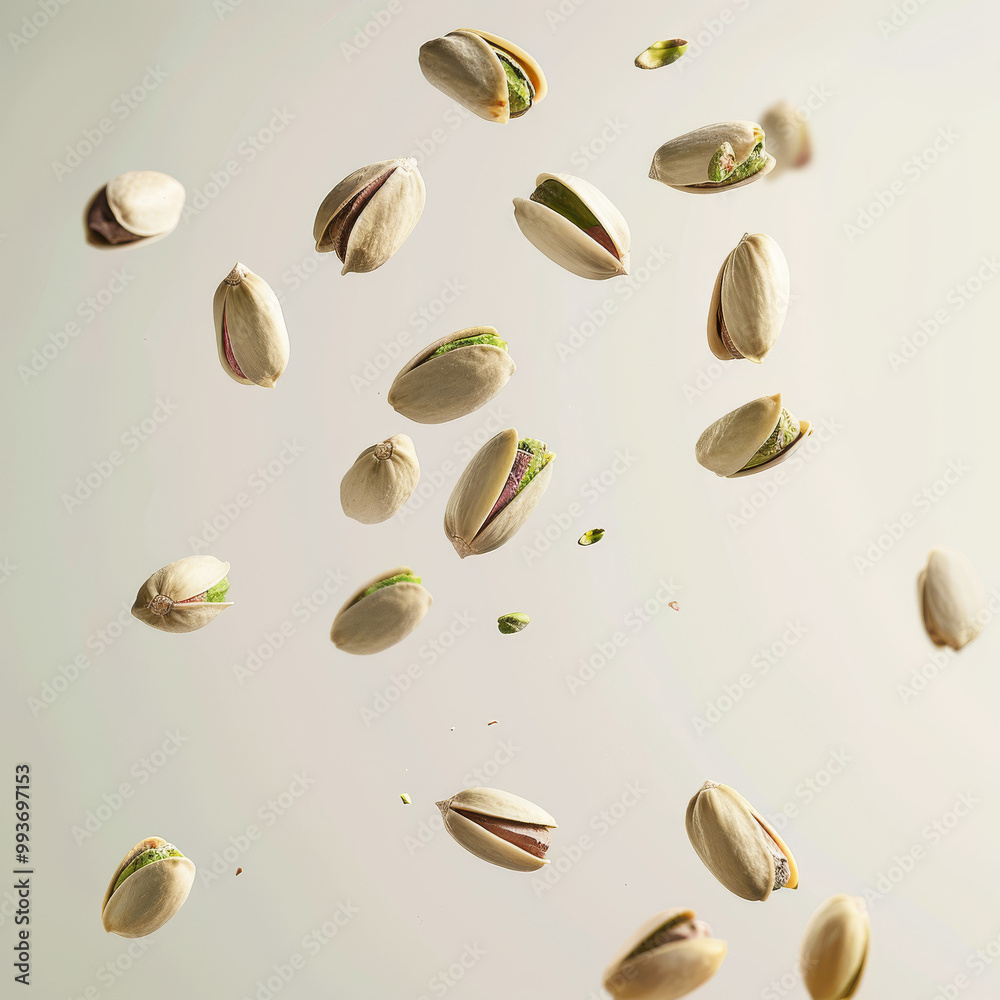 Giant pistachios floating in the white background Giant pistachios floating in the white background