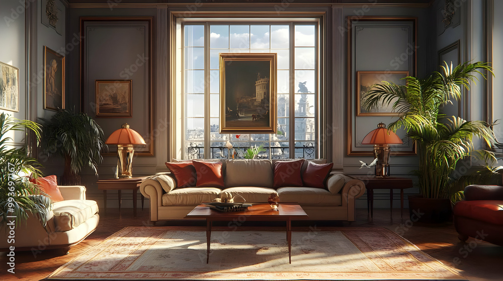 Sunlit Living Room Interior with City View 3D Illustration Sunlit Living Room Interior with City View 3D Illustration