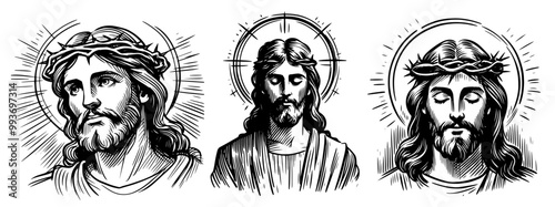 collection of hand-drawn jesus christ portraits in black and white vector