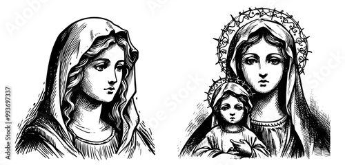 artistic set of hand-drawn mary portraits in elegant black and white sketch style