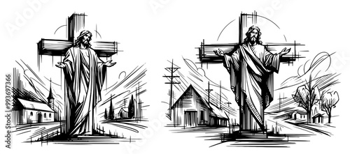 hand-drawn sketch of jesus before the cross with houses in the background, black and white vector