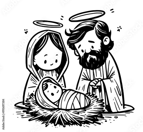 sacred scene of mary and joseph with baby jesus, black and white cartoon sketch vector