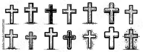 collection of christian crosses in various drawing styles, black and white vector