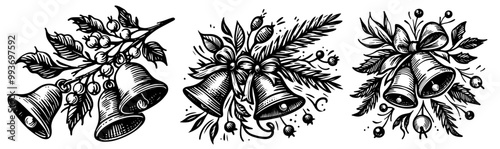 festive christmas bells in black and white vector sketch style