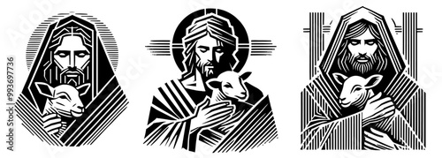 collection of jesus christ with lamb in abstract geometric black and white vector