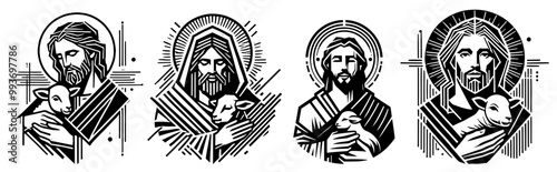 black and white vector collection of jesus christ with lamb in geometric design