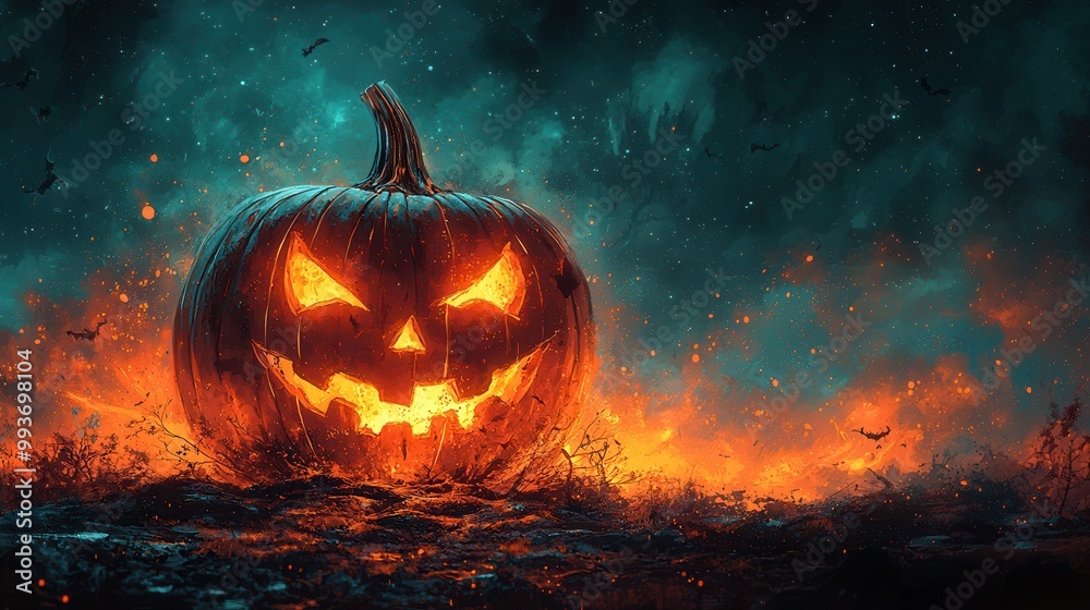 Naklejka premium Spooky Jack-O'-Lantern Glowing in Dark Night