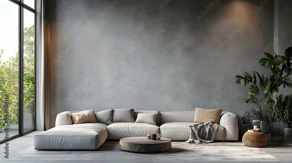 Modern Interior Design Living Room With Couch, Window, and Greenery 3D Illustration Modern Interior Design Living Room With Couch, Window, and Greenery 3D Illustration