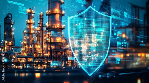 Digital Shield Over Oil Plant with Data Stream Background. AI generated illustration