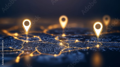 Glowing Waypoint Icons on a Digital World Map Representing Navigation photo