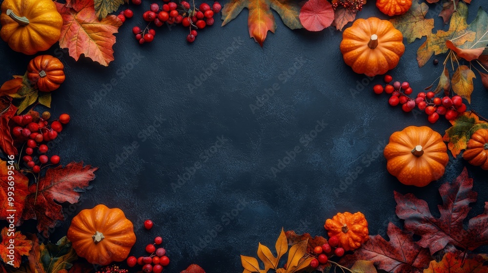 Autumnal Elements Surrounding a Dark Surface Featuring Pumpkins and Berries Autumnal Elements Surrounding a Dark Surface Featuring Pumpkins and Berries