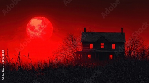 Spooky Haunted House Under Blood Red Moon