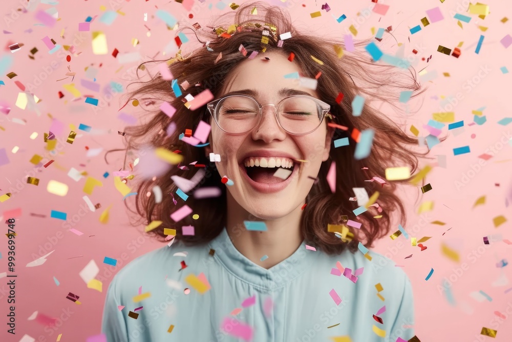 A portrait of a young woman laughing joyfully amidst a shower of colorful confetti. Her bright smile and sparkling eyes radiate pure joy and happiness. A portrait of a young woman laughing joyfully amidst a shower of colorful confetti. Her bright smile and sparkling eyes radiate pure joy and happiness.