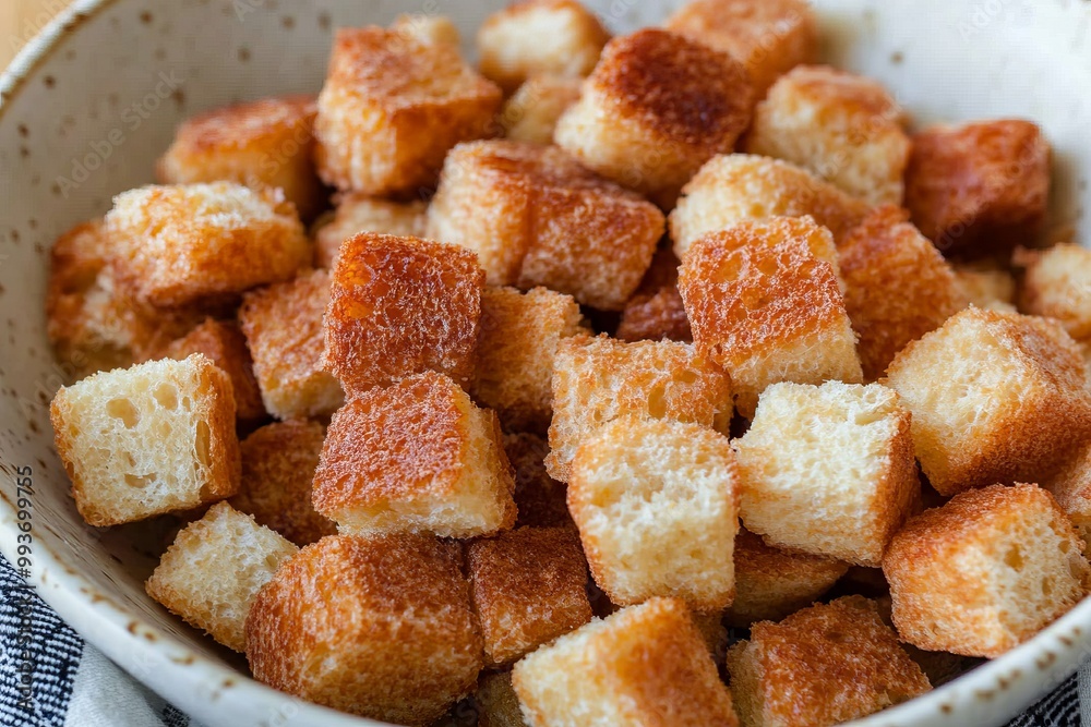 a white bowl overflowing with golden brown cubed bread bites for delightful snacking a white bowl overflowing with golden brown cubed bread bites for delightful snacking