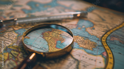 Magnifying Glass on Vintage World Map