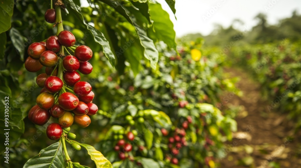 A coffee plantation field with bright green coffee plants, and ripe red coffee cherries hanging on branches, representing the early stages before roasting. A coffee plantation field with bright green coffee plants, and ripe red coffee cherries hanging on branches, representing the early stages before roasting.