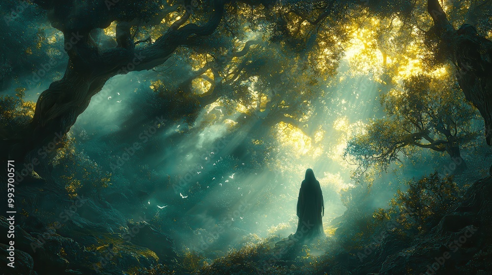 Mystical Forest with Soft Light and Enigmatic Figure Mystical Forest with Soft Light and Enigmatic Figure
