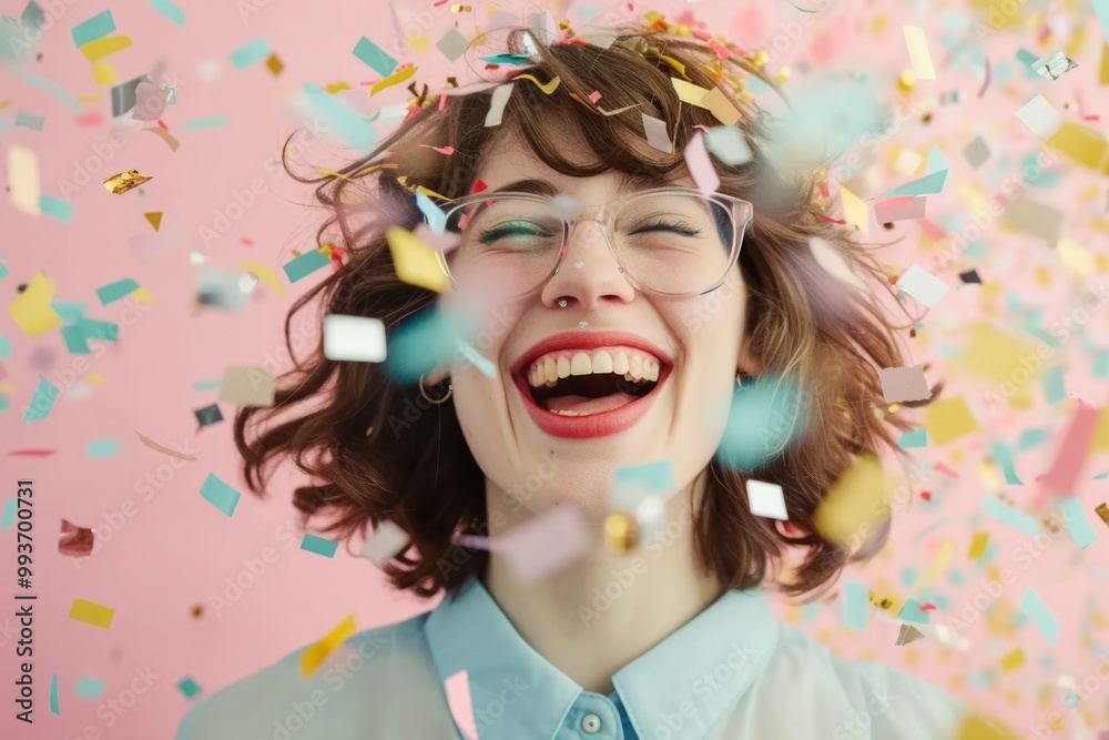 A happy woman with a big smile is covered in colorful confetti, celebrating a joyous occasion. A happy woman with a big smile is covered in colorful confetti, celebrating a joyous occasion.