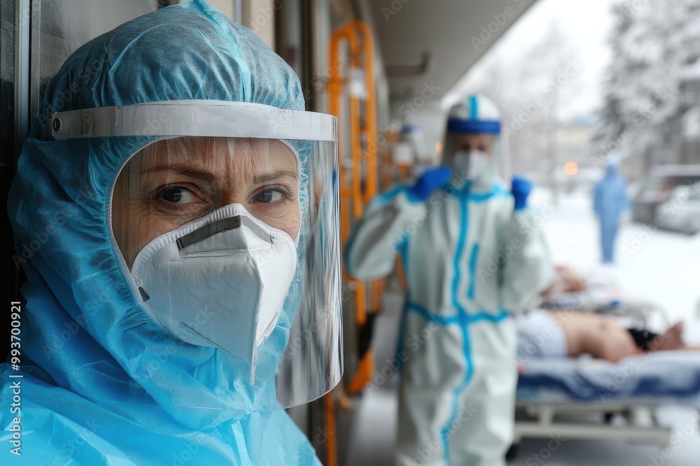 Healthcare workers dressed in full protective gear, including face shields and hazmat suits, respond to an emergency situation, attending to a patient outside in a snowy urban environment. Healthcare workers dressed in full protective gear, including face shields and hazmat suits, respond to an emergency situation, attending to a patient outside in a snowy urban environment.