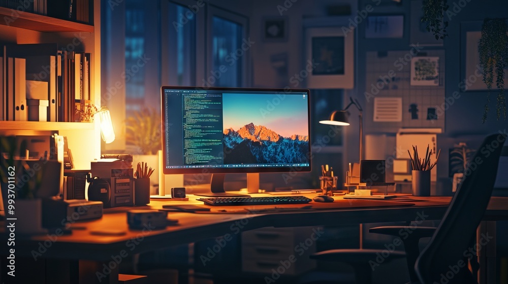 Cozy Nighttime Office with Computer and Gadgets. AI generated illustration Cozy Nighttime Office with Computer and Gadgets. AI generated illustration
