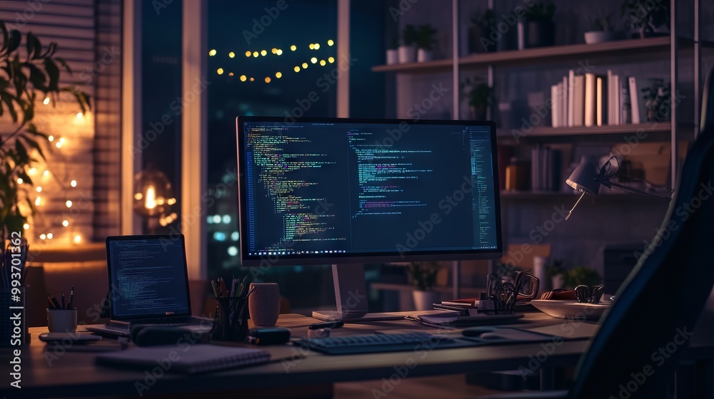Cozy Nighttime Office with Computer and Gadgets. AI generated illustration Cozy Nighttime Office with Computer and Gadgets. AI generated illustration