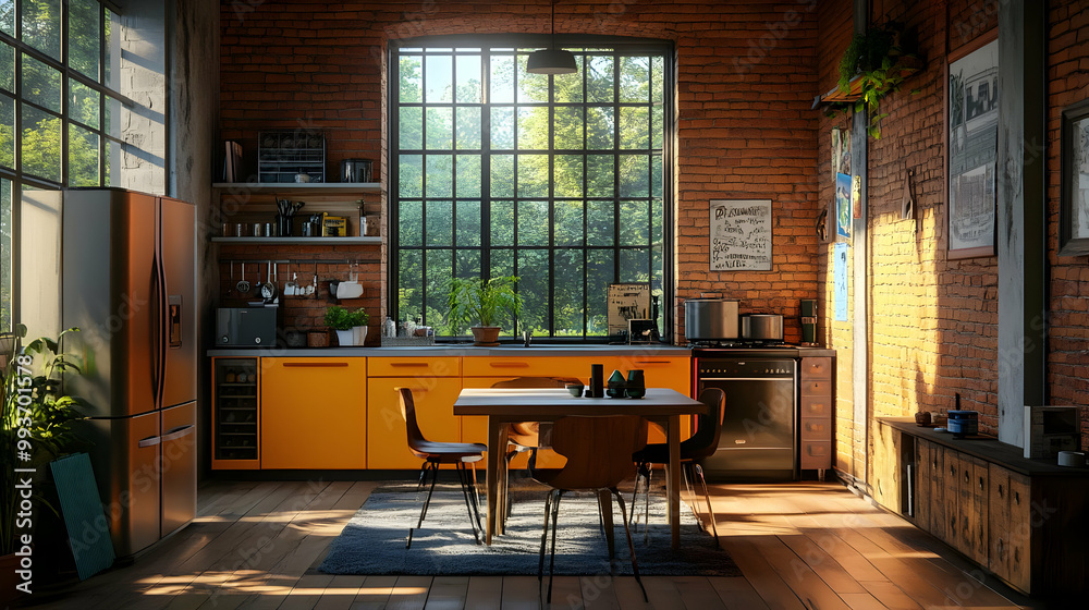 3D Render of Kitchen with Brick Wall and Yellow Cabinets 3D Render of Kitchen with Brick Wall and Yellow Cabinets