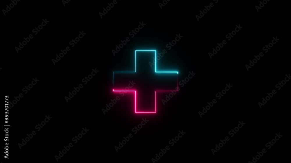 Abstract neon medical cross icon animation, neon plus sign icon, medical check up plus icon