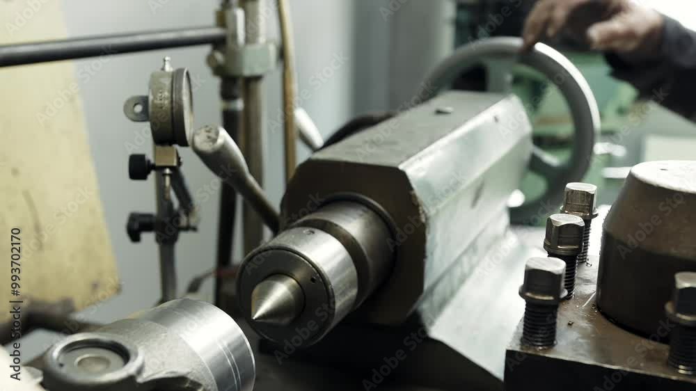 Turner works at a lathe processes the metal part on a lathe in a lathe shop Turner works at a lathe processes the metal part on a lathe in a lathe shop