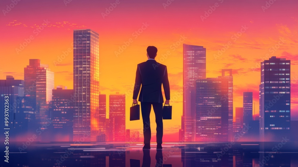 A confident businessman standing in front of a city skyline, holding a briefcase, with a smartphone in hand, representing ambition and success in finance. A confident businessman standing in front of a city skyline, holding a briefcase, with a smartphone in hand, representing ambition and success in finance.