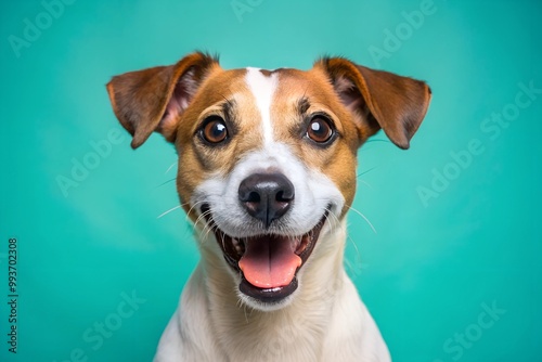 Adorable jack russell terrier smiling on turquoise background