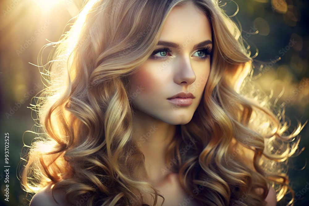 A close-up of a woman with long, flowing hair styled in soft waves, illuminated by natural sunlight, highlighting the beauty and texture of her hair.