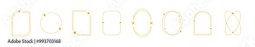 Golden star frame collection outline. Border with space elements. Frameworks with yellow solar elements.