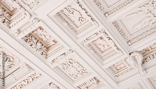 A close-up shot of Baroque ceiling moldings and cornices, focusing on the elaborate carvings and intricate patterns.	 photo