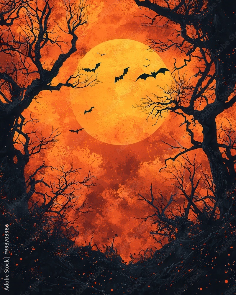 Spooky Night with Bats and Full Moon in Forest Spooky Night with Bats and Full Moon in Forest