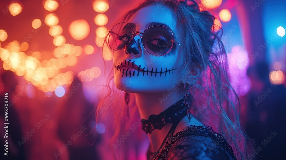 Mysterious Woman with Skull Makeup at Colorful Party Mysterious Woman with Skull Makeup at Colorful Party