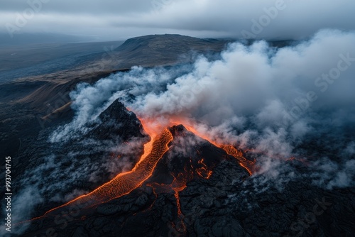 Molten lava erupts from the crater of a volcano, creating streams of fiery lava in a display of raw geological force, set against a rugged, smoking landscape.