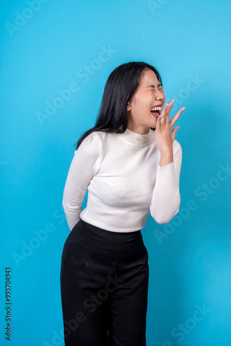 Women are doing various poses on a blue background.