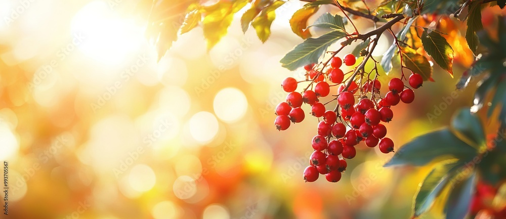Autumn Rowan Berries Against Colorful Leaves in Sunlight. AI generated illustration Autumn Rowan Berries Against Colorful Leaves in Sunlight. AI generated illustration