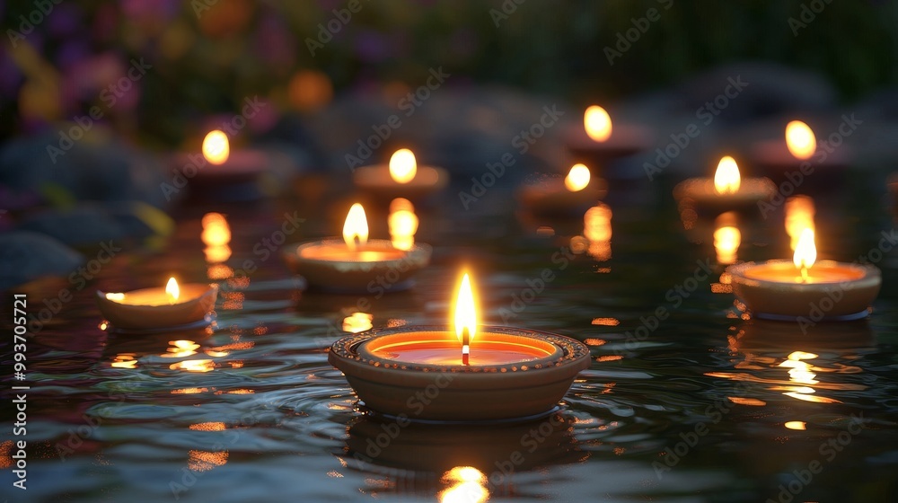 Floating candles illuminating a tranquil water surface at dusk., 3d illustration Floating candles illuminating a tranquil water surface at dusk., 3d illustration