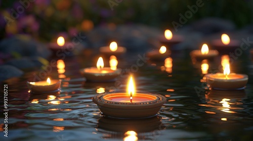 Floating candles illuminating a tranquil water surface at dusk., 3d illustration