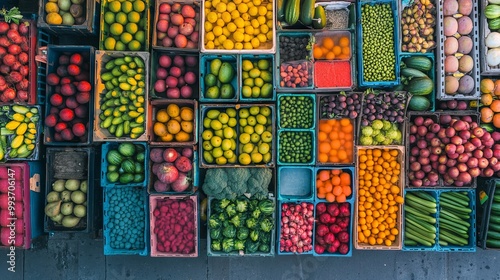 Colorful Fruit and Vegetable Stands from Above in the City. AI generated illustration