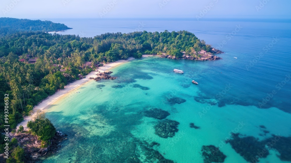 Illustration View from above Banana Beach, a beautiful white sandy beach surrounded by palm trees. Ai generated image Illustration View from above Banana Beach, a beautiful white sandy beach surrounded by palm trees. Ai generated image