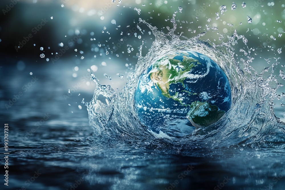 Earth as a Planet Made of Water, Floating on a River. AI generated illustration.